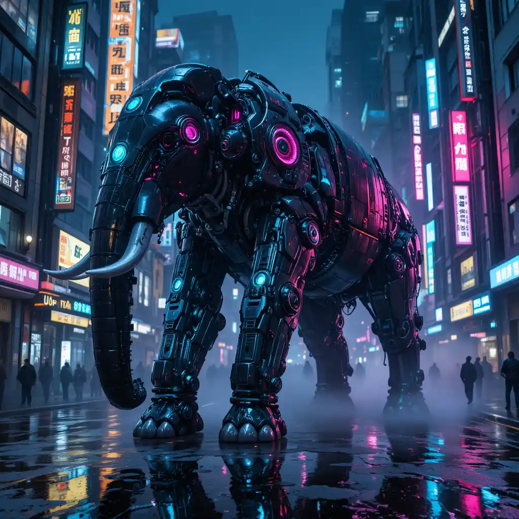Giant cybernetic elephant roaming neon streets at night
