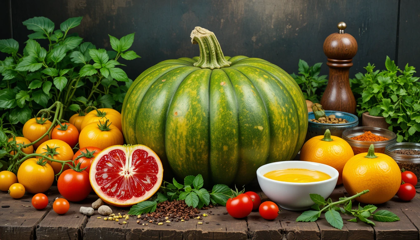 Colorful still life of pumpkin fruits herbs and rustic table