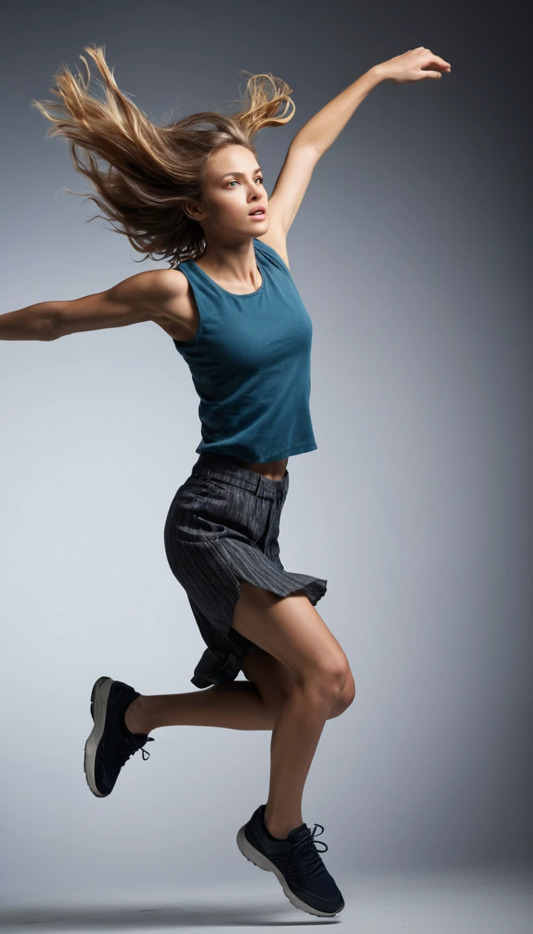 Retrato de moda en ángulo bajo de una mujer saltando en el aire