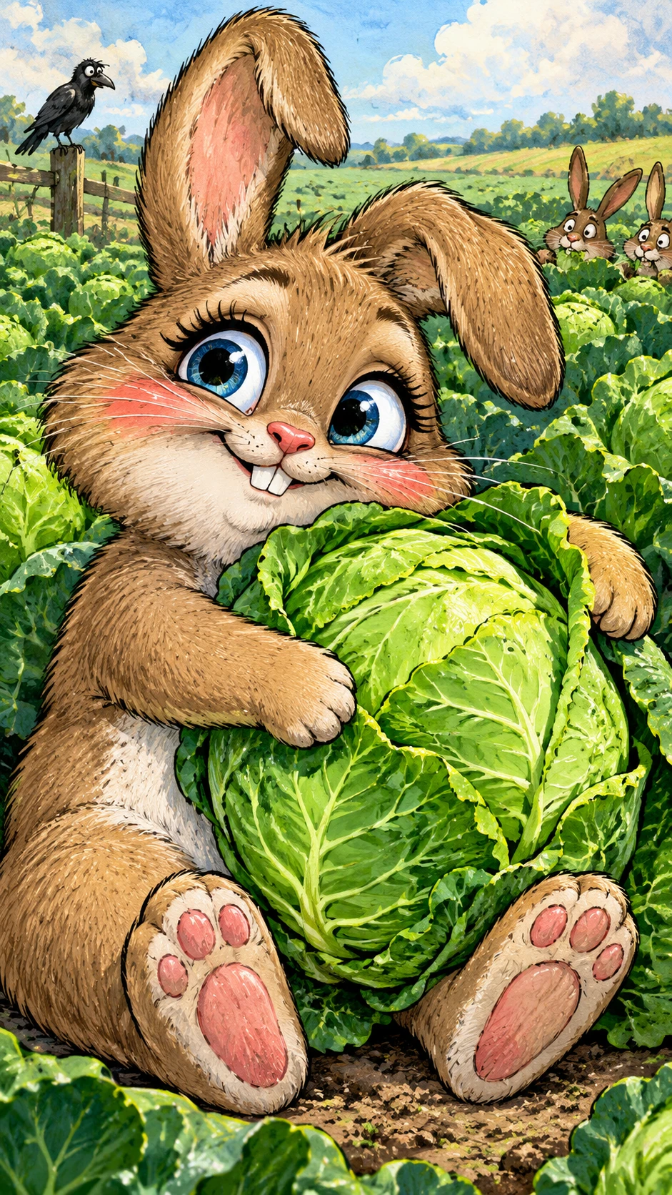 Conejo regordete de dibujos animados abrazando un brillante campo de coles verdes