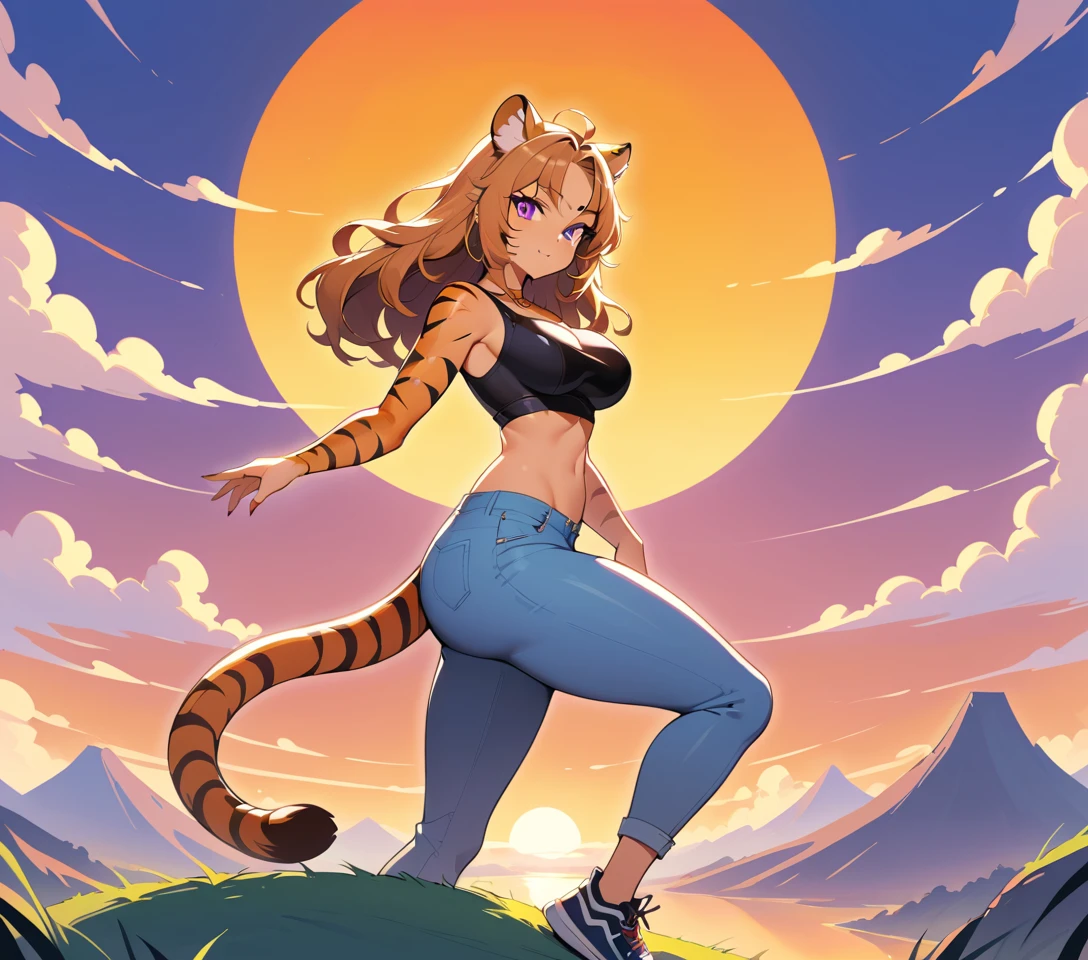 Fierce tigress woman standing in a tranquil sunset landscape