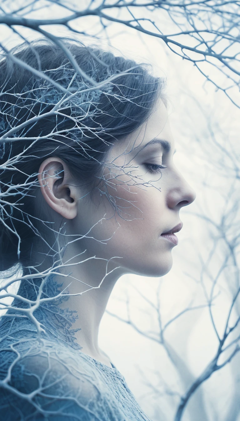 Doppia esposizione del profilo di donna con rami di alberi invernali