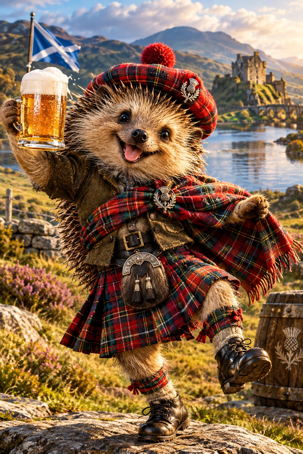 Fröhlicher schottischer Igel, der im Kilt und Tartanmuster tanzt