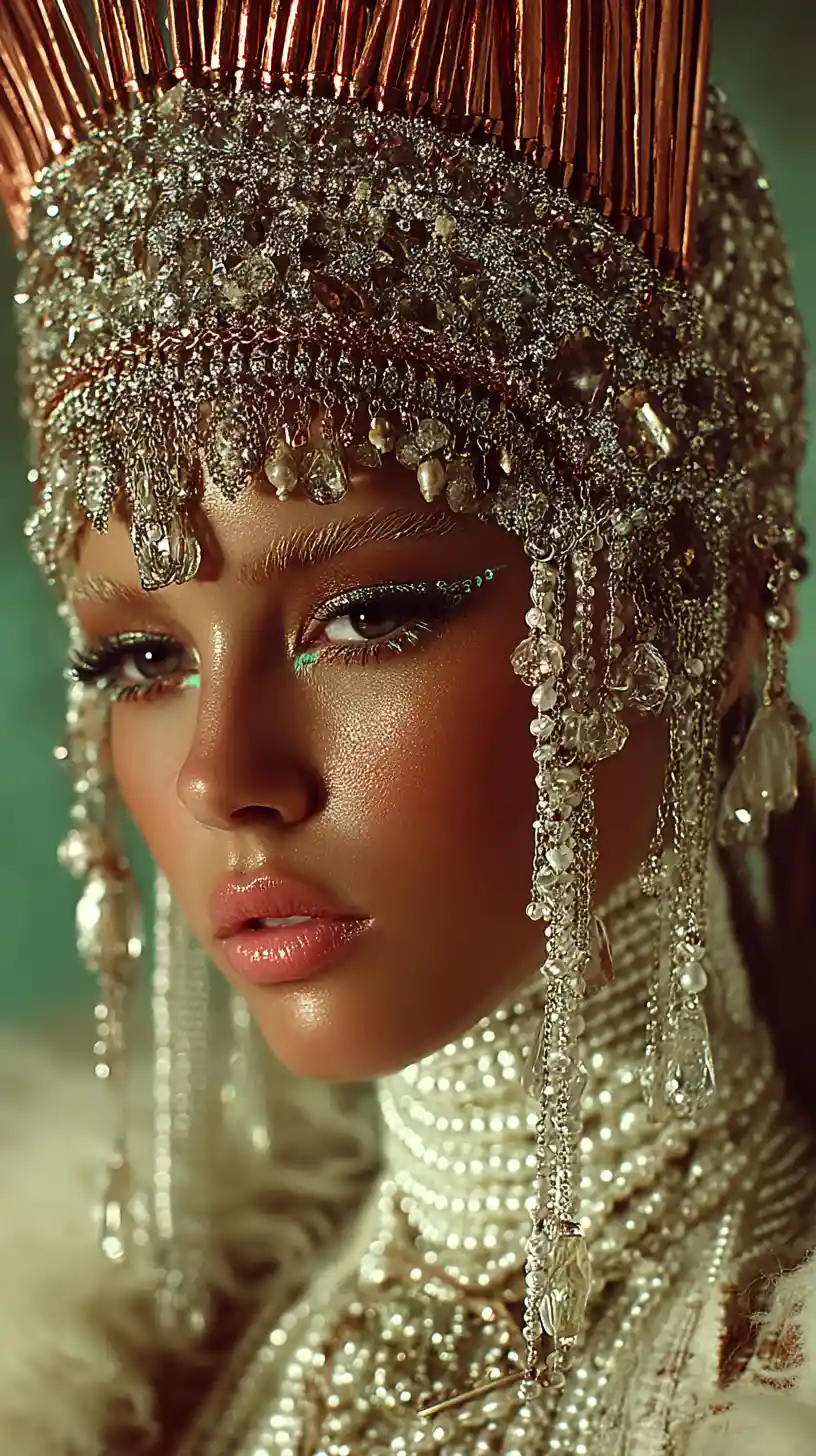 Futuristic warrior queen portrait with quartz crown and collar
