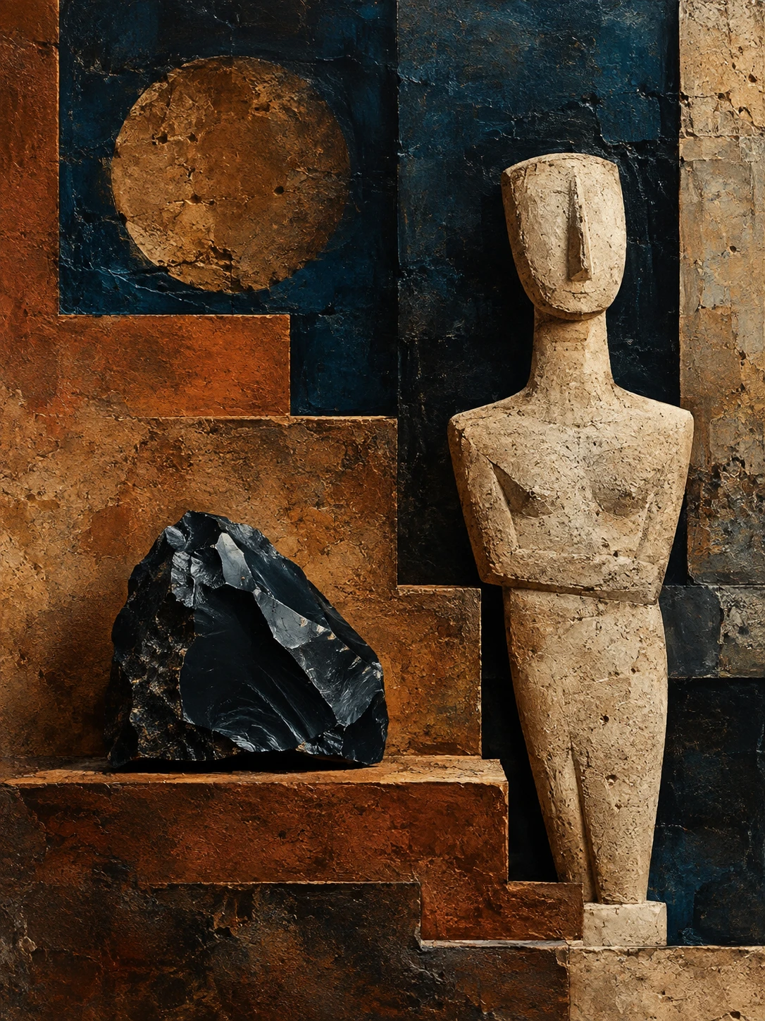 Abstract encaustic painting with sculptural geometric forms