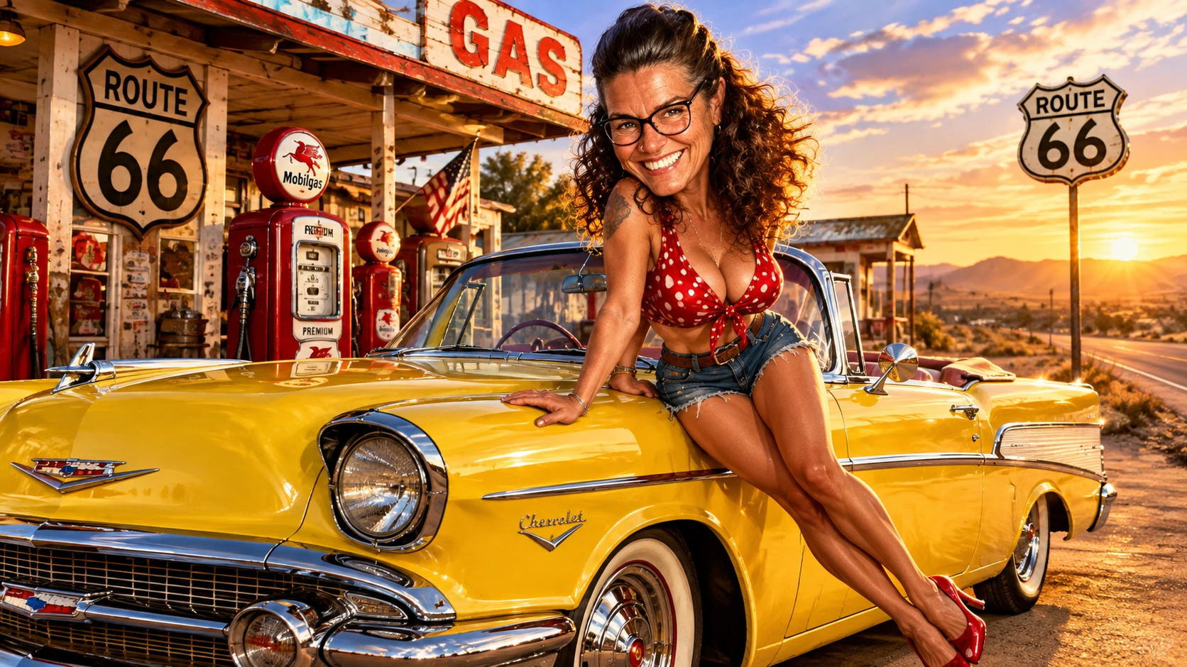 Young woman in yellow car at vintage route 66 gas station