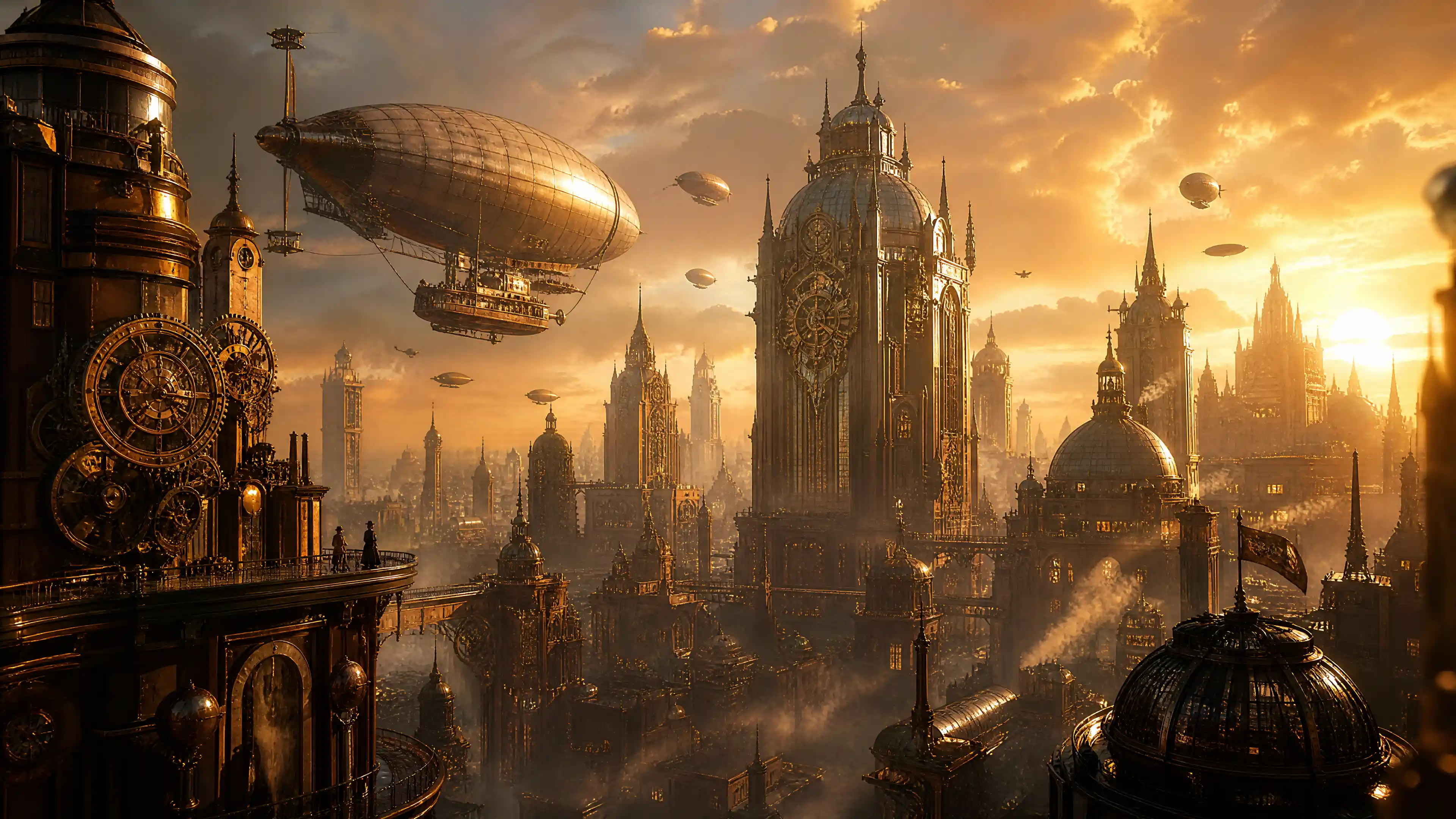 Steampunk metropolis skyline at golden hour with airships