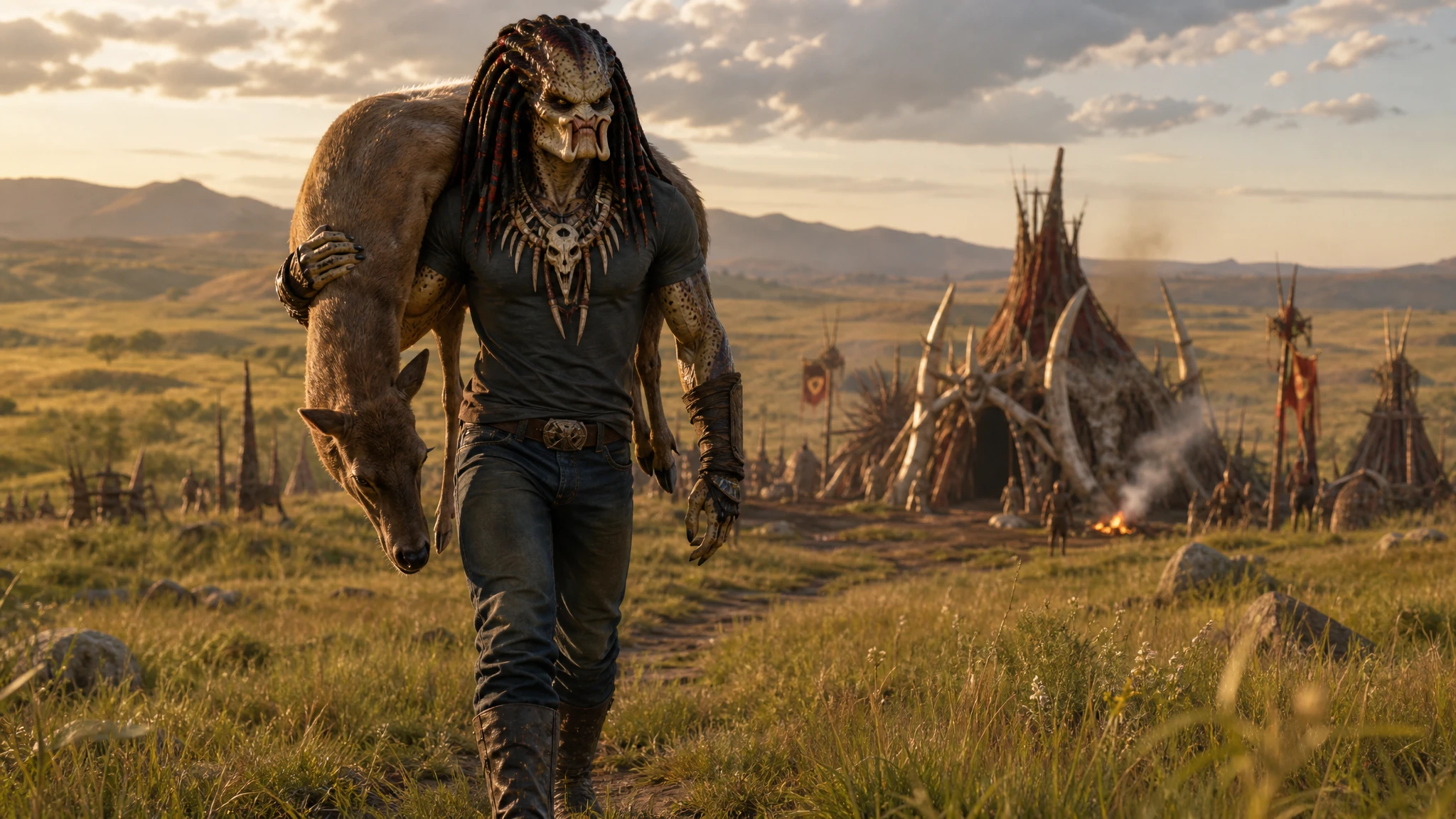 Alien hunter carrying deer across open tribal grassland