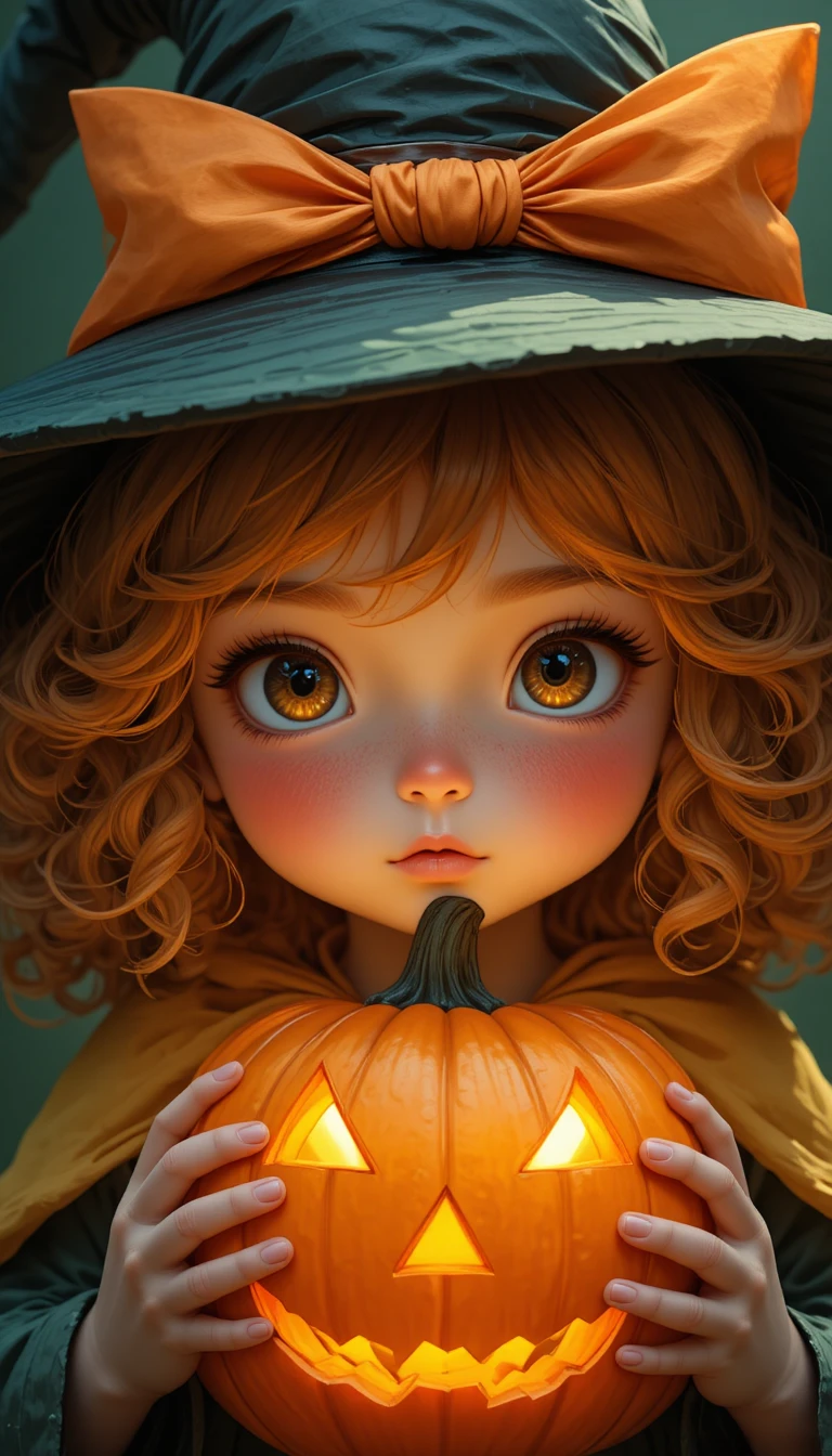 Cute child in witch costume holding glowing jack o lantern