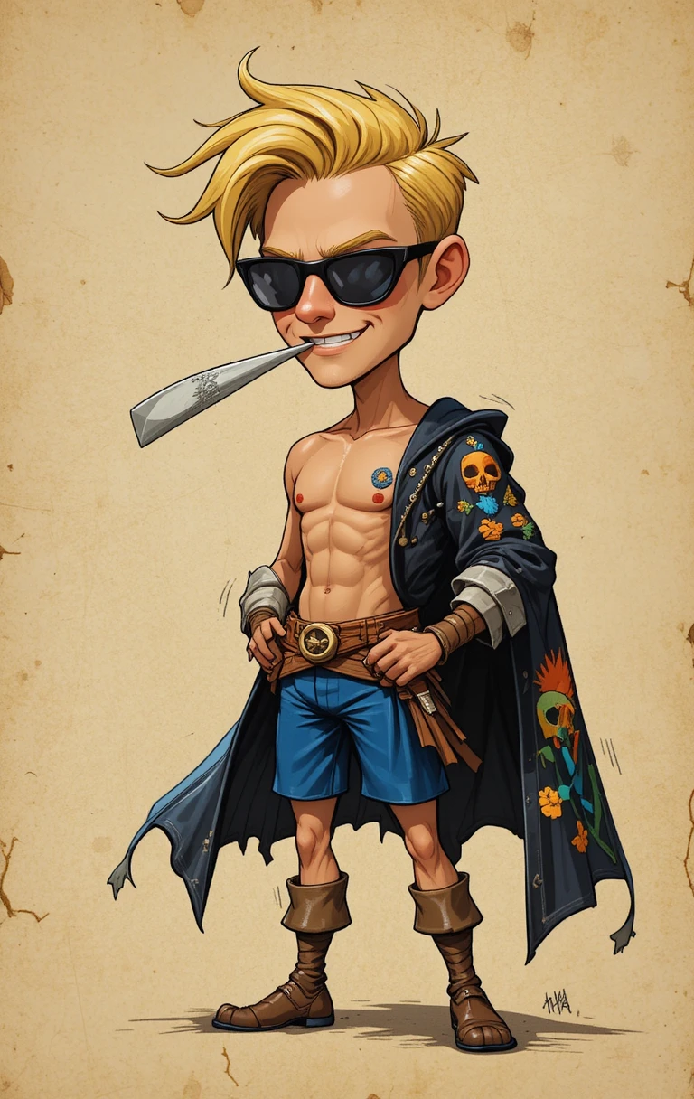 Verspielter blonder Piratenjunge mit Flagge und Schwert – Illustration
