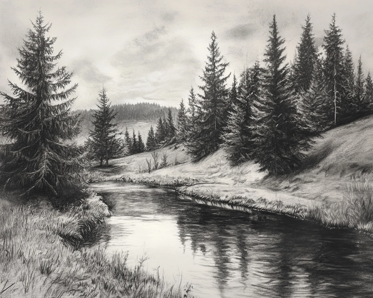 Serene Charcoal Landscape Of Hills Forest And Quiet Stream