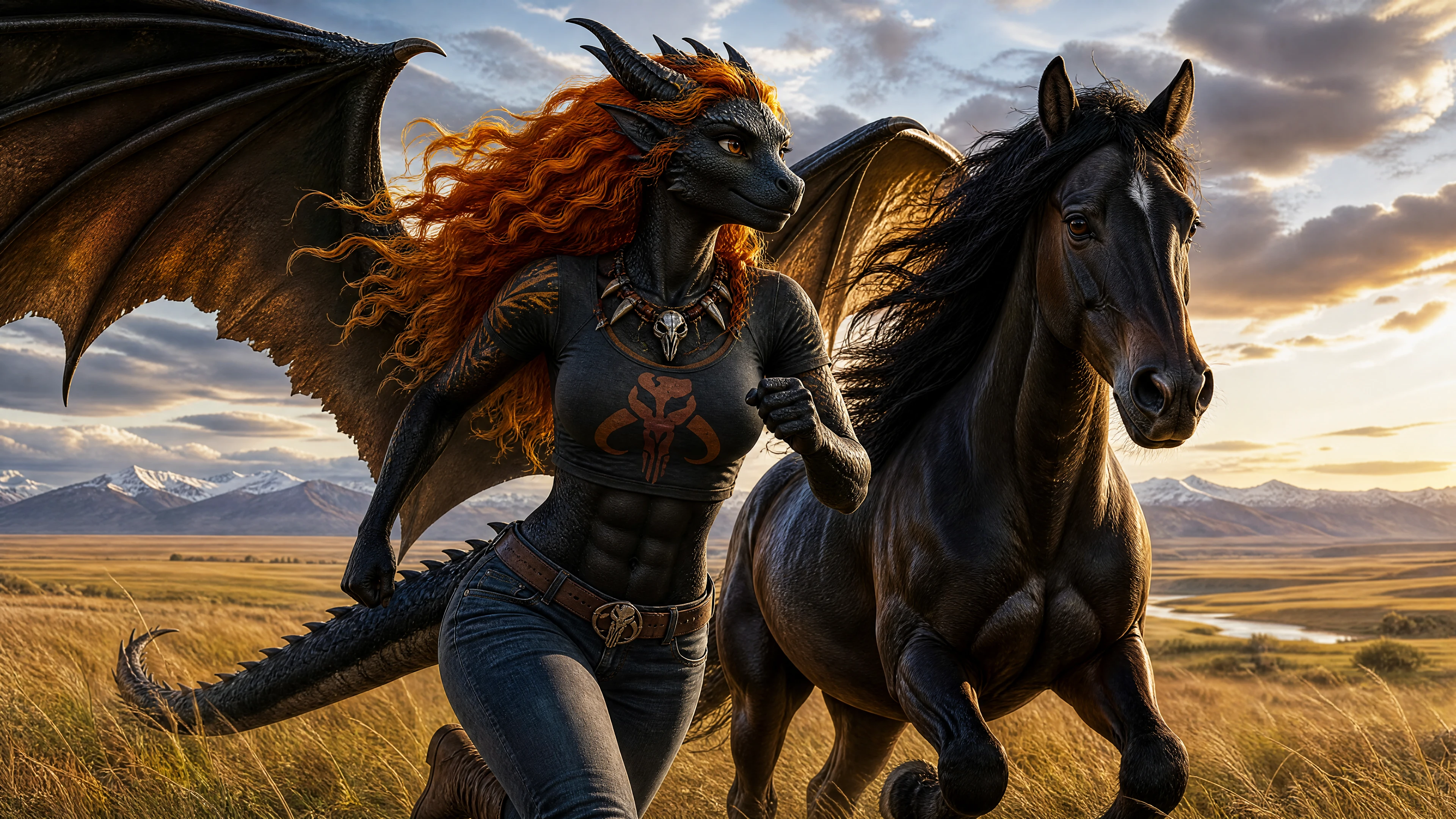 Mujer dragón alada corriendo junto a un caballo salvaje