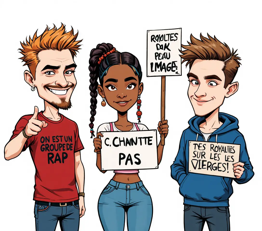 Cartoon protesters holding humorous French rap royalty signs