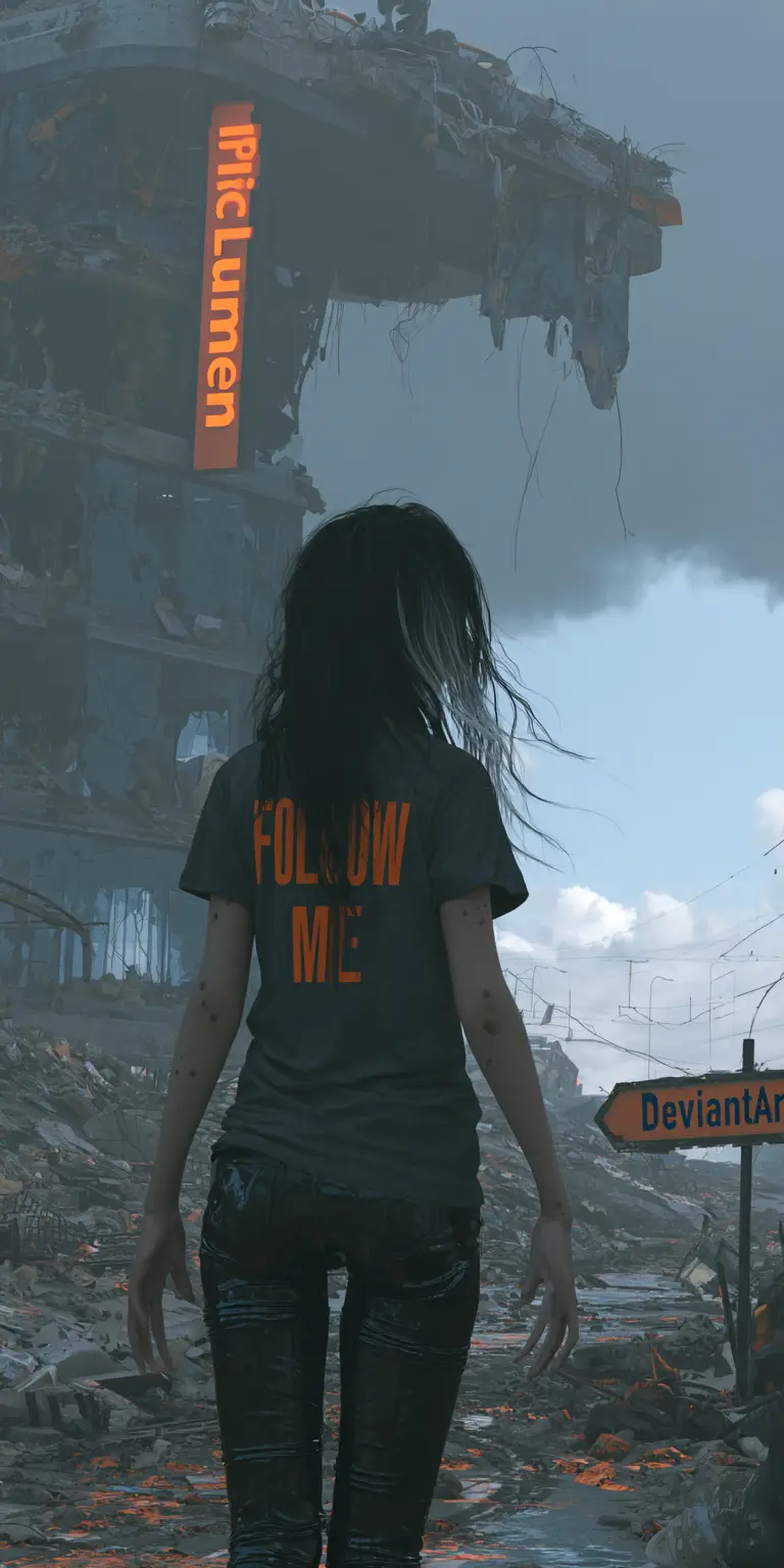 Woman walking through a ruined dystopian city street
