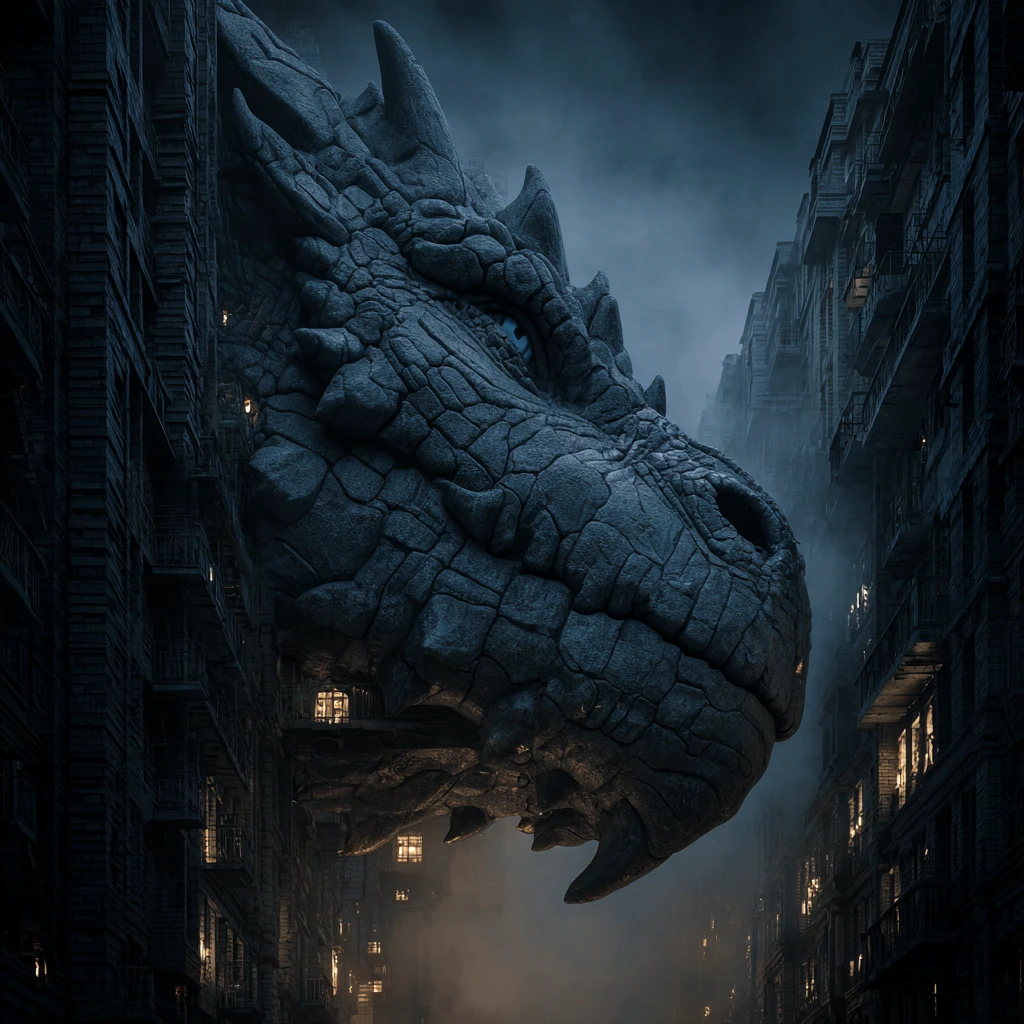 Solitary stone dragon in a dark futuristic cityscape