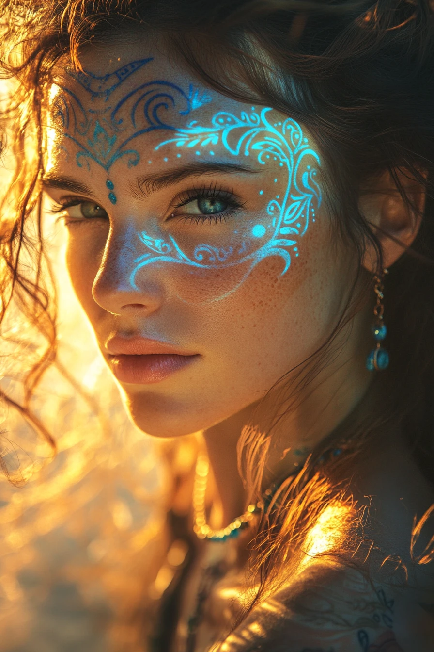 Ethereal woman with blue markings in warm ancient light