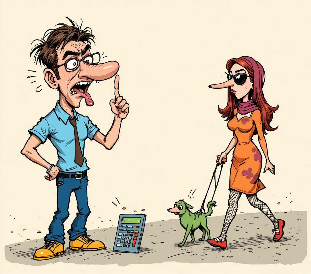 Playful cartoon couple with calculator in comic style