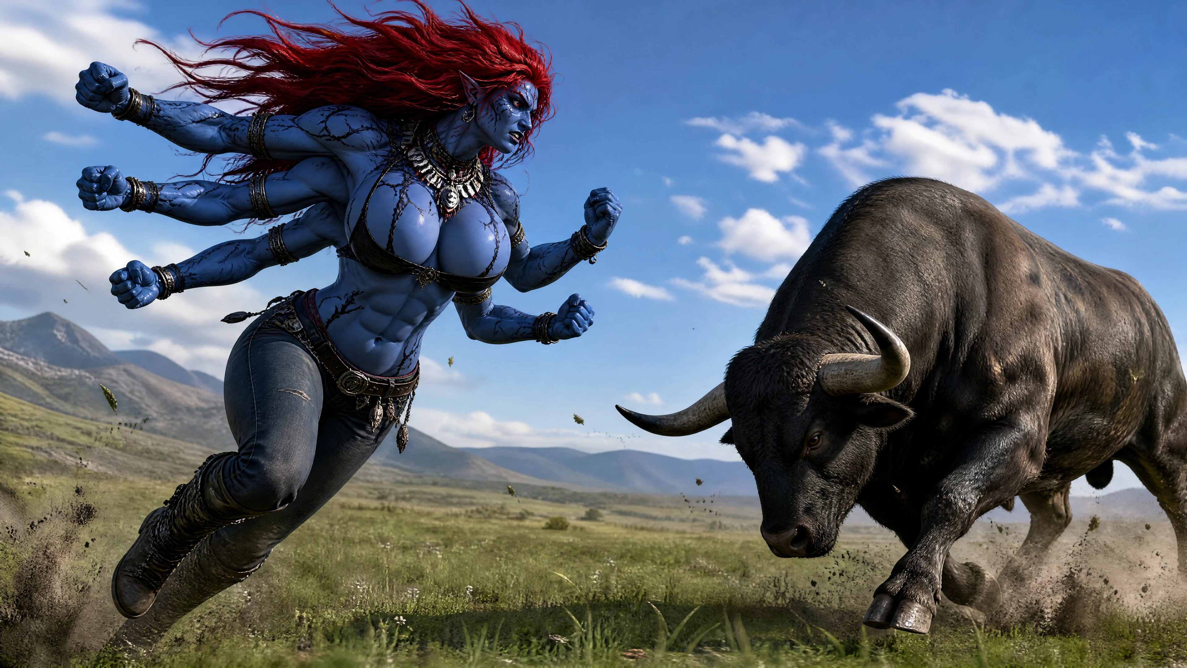 Guerrera de piel azul y seis brazos cargando contra un toro