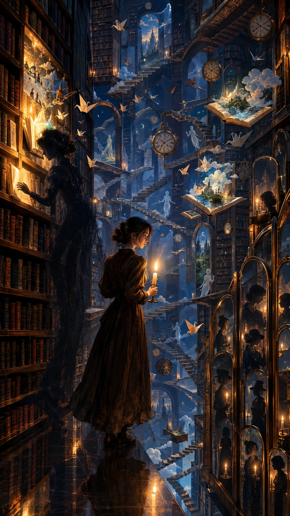 Joven mujer con una vela en una biblioteca surrealista infinita