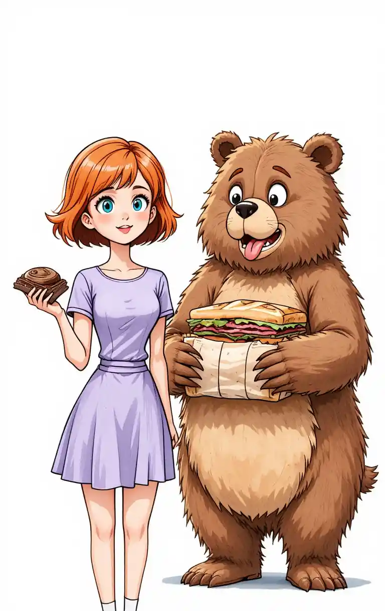 Girl with pastry and grumpy bear in cartoon style