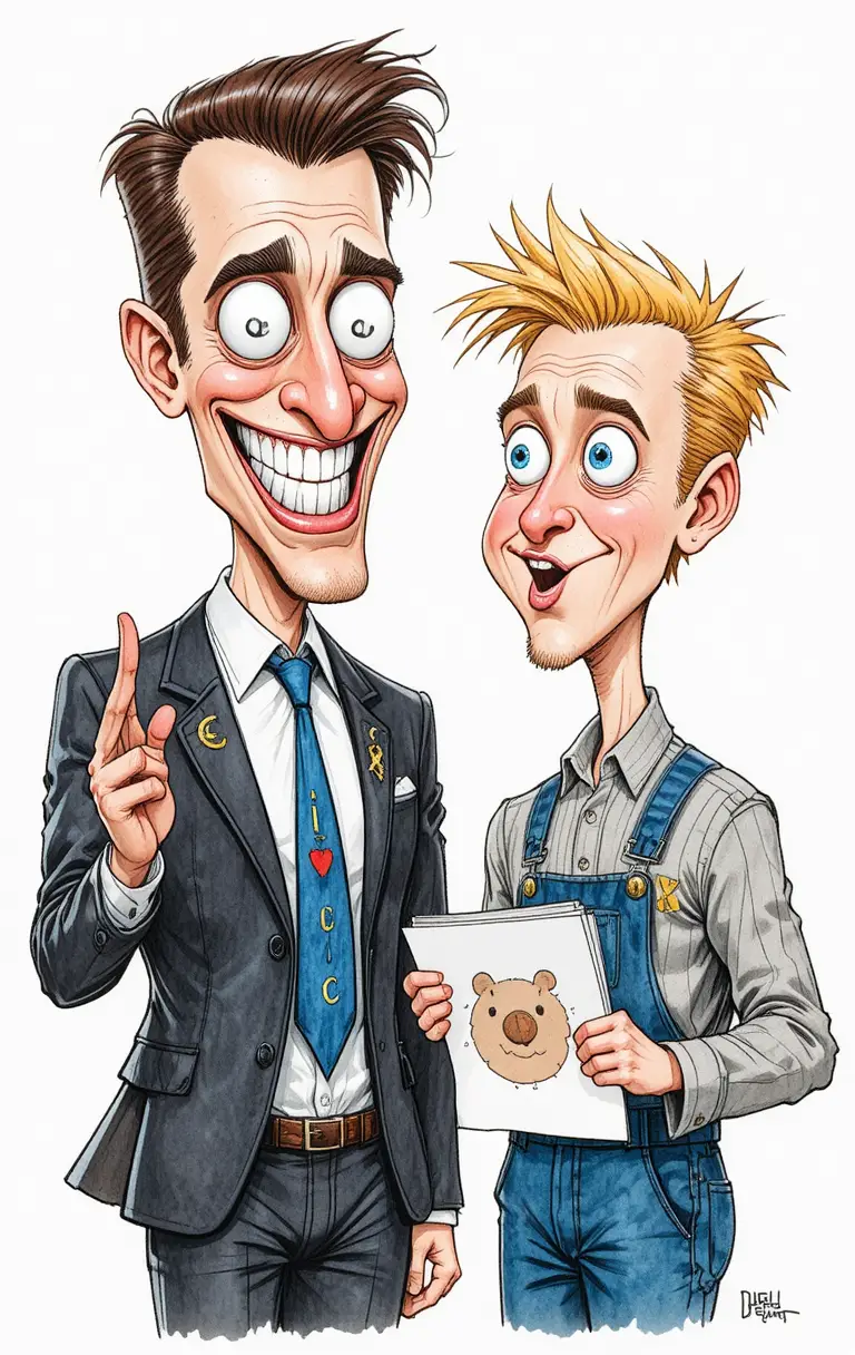 Caricature editor confronting nervous young artist with bear sketch