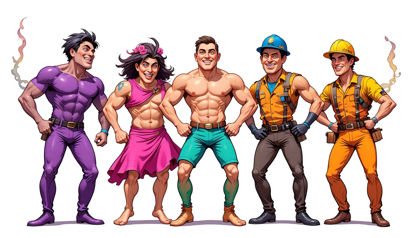 Colorful cartoon group of dancing muscular men