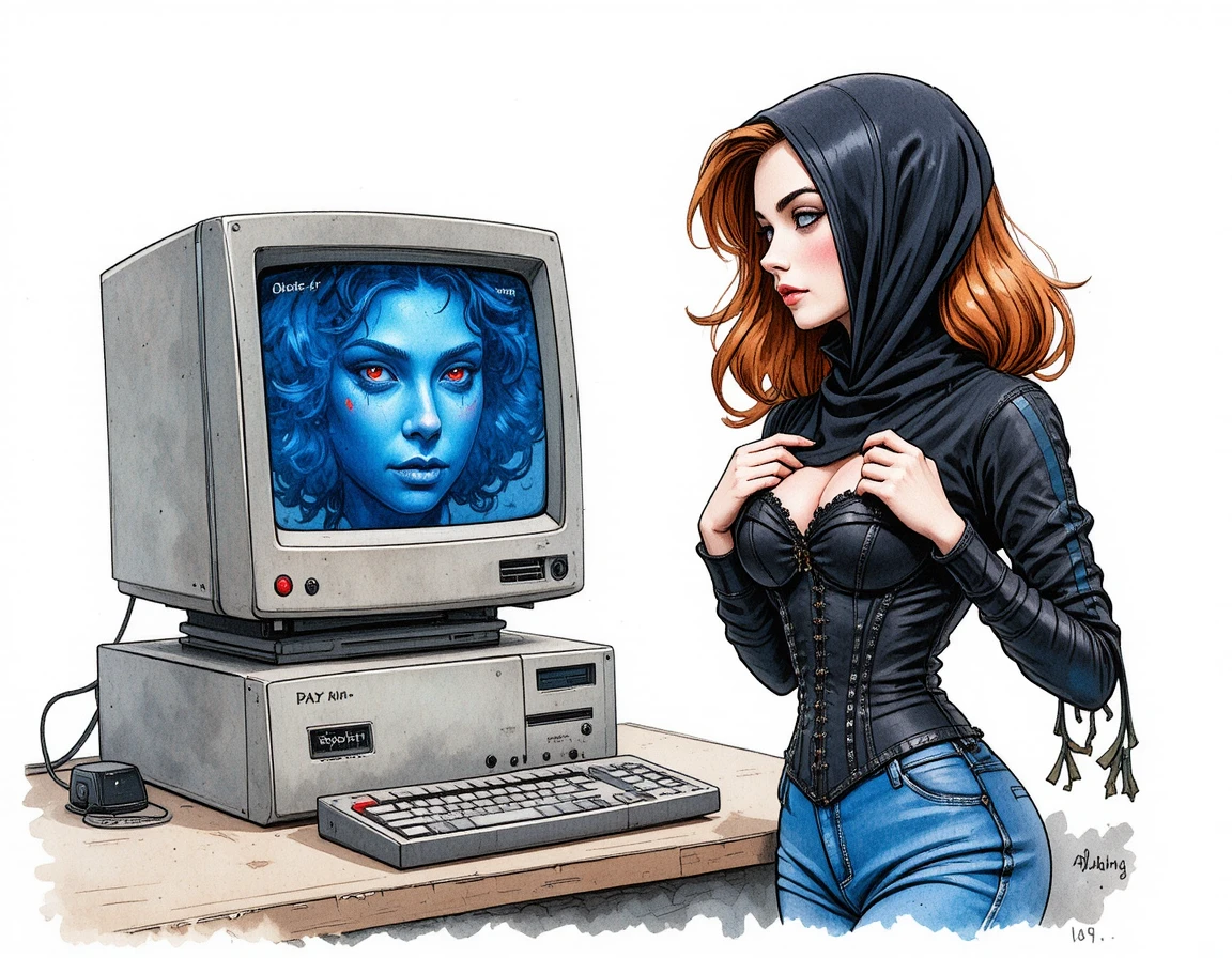 Red haired woman in skull corset with shy vintage computer