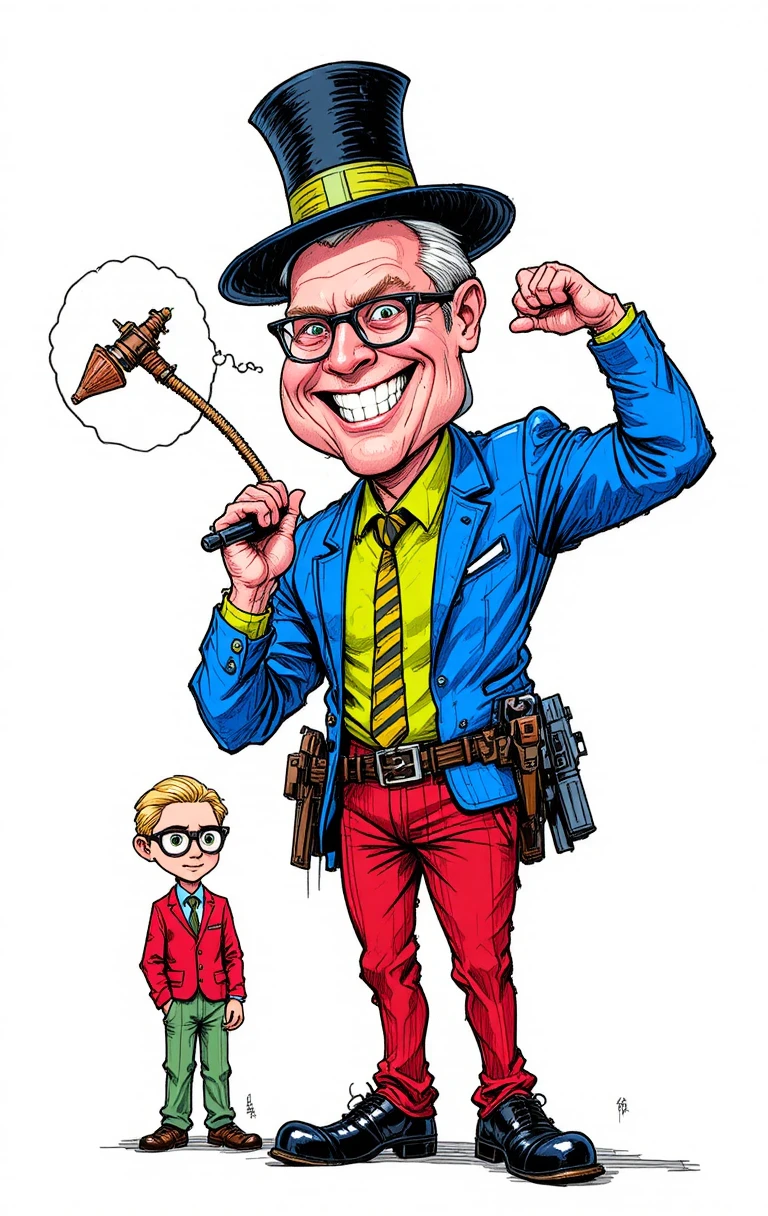 Hombre caricaturizado con micrófono y bocadillo de pensamiento con maza medieval