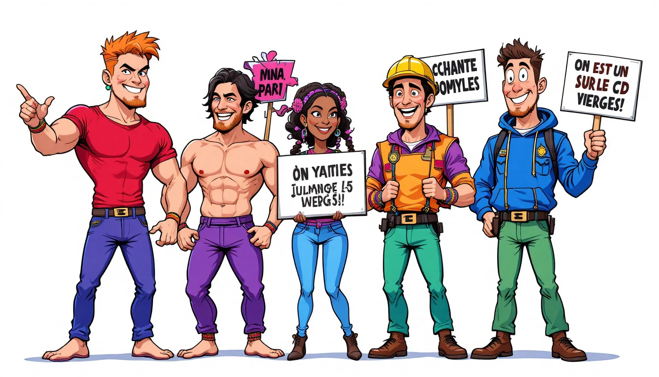 Colorful group of dancing macho men in cartoon style