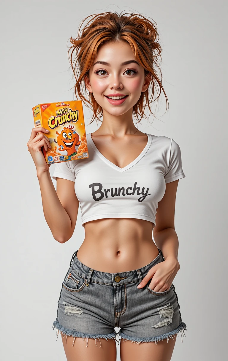 Chica juguetona presentando cereal crujiente en estilo manga