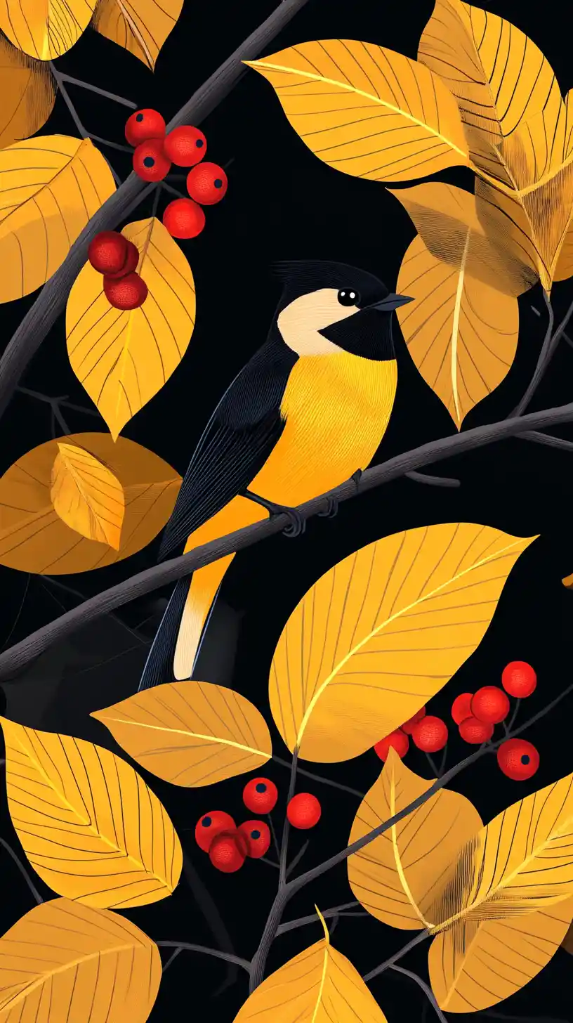 Yellow bird on branch with bold leaves and berries