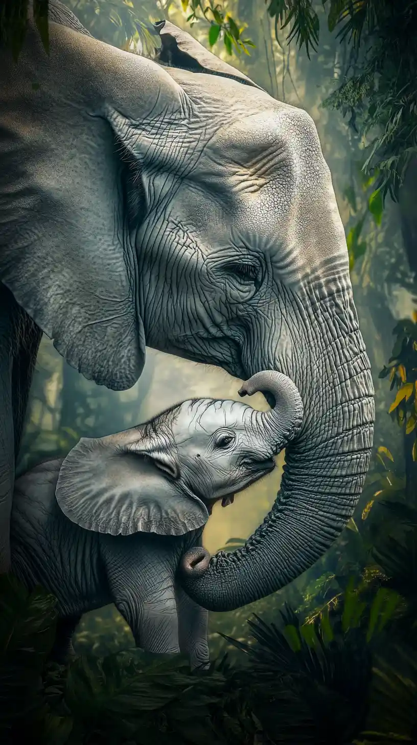Elefanta-mãe acolhendo seu filhote em uma selva exuberante
