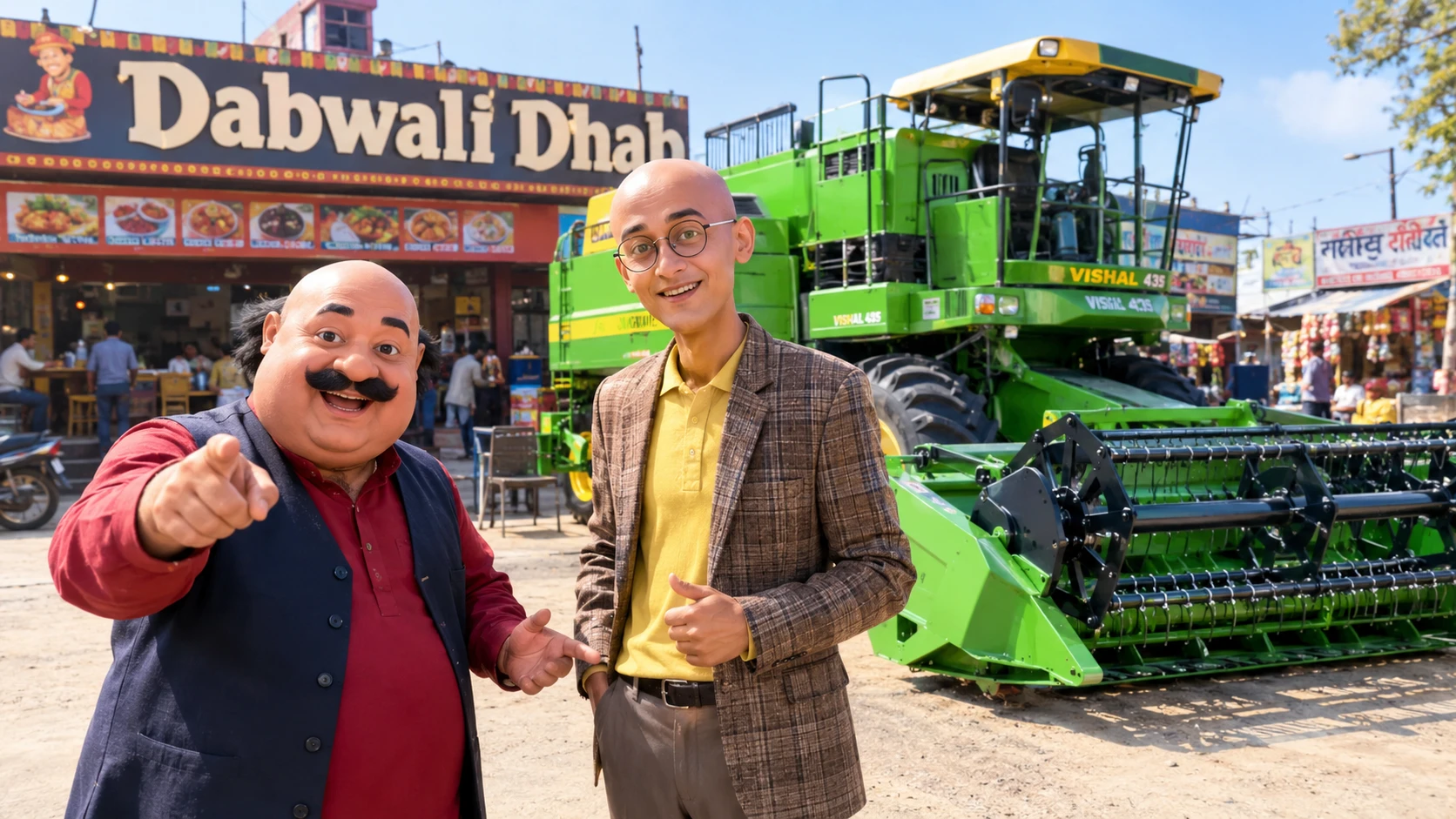 Two friends posing by a harvester at a busy dhaba market