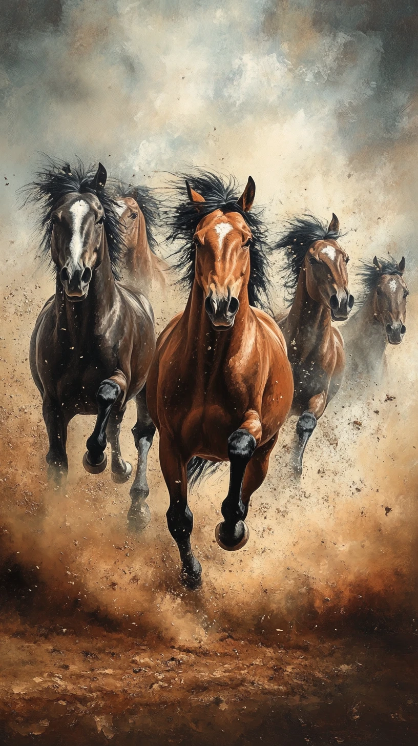 Wild horses galloping through a dusty open field painting