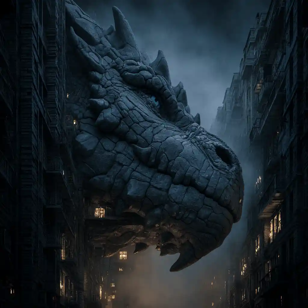 Solitary stone dragon in a dark futuristic cityscape