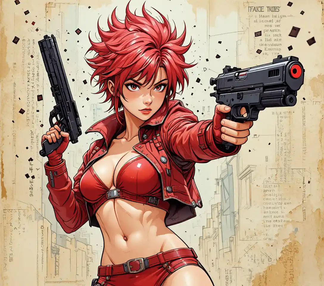 Cyberpunk anime woman firing a futuristic pistol