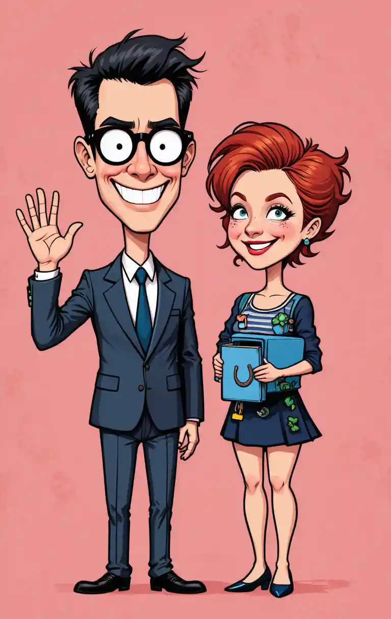 Hombre nerd saludando junto a mujer estilosa en arte tipo caricatura