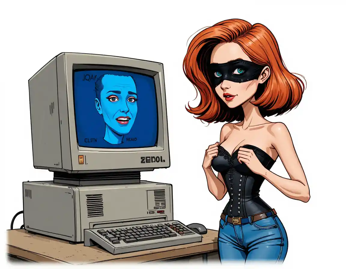 Donna dai capelli rossi in corsetto con teschi accanto a un computer vintage