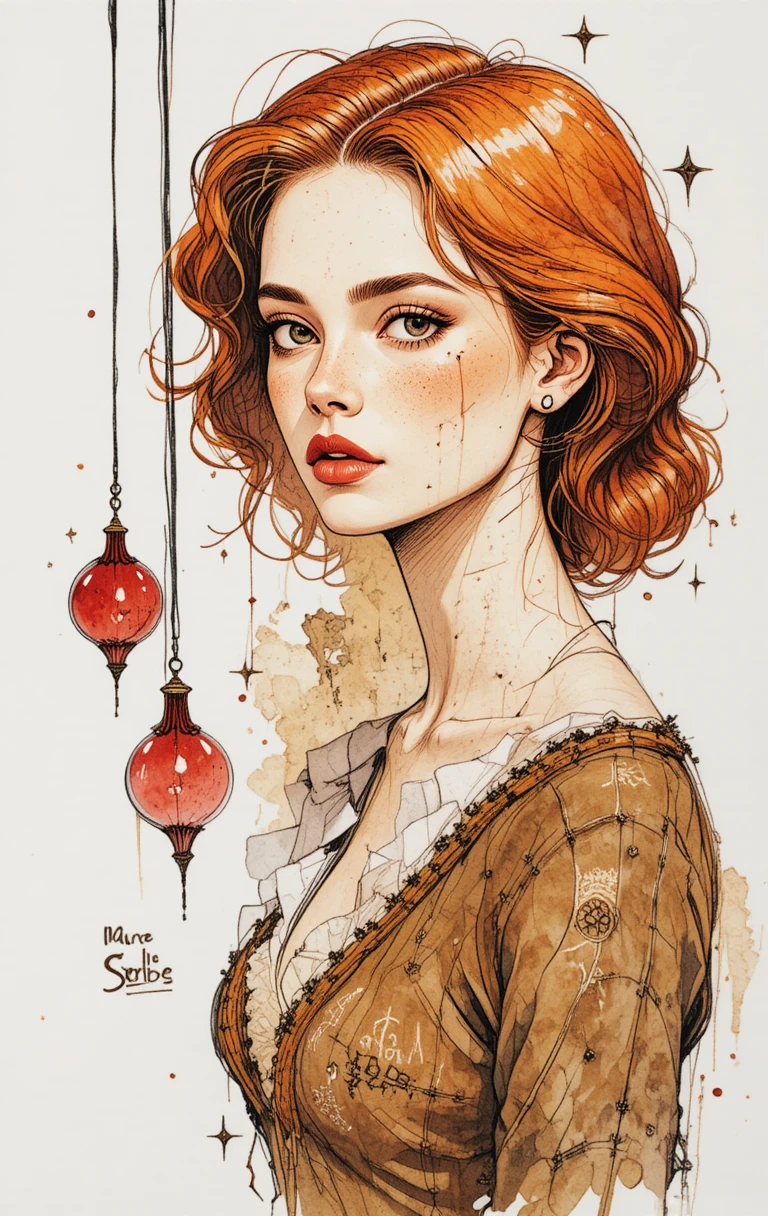 Illustrazione di donna melanconica in ginocchio con sfere rosse spinose