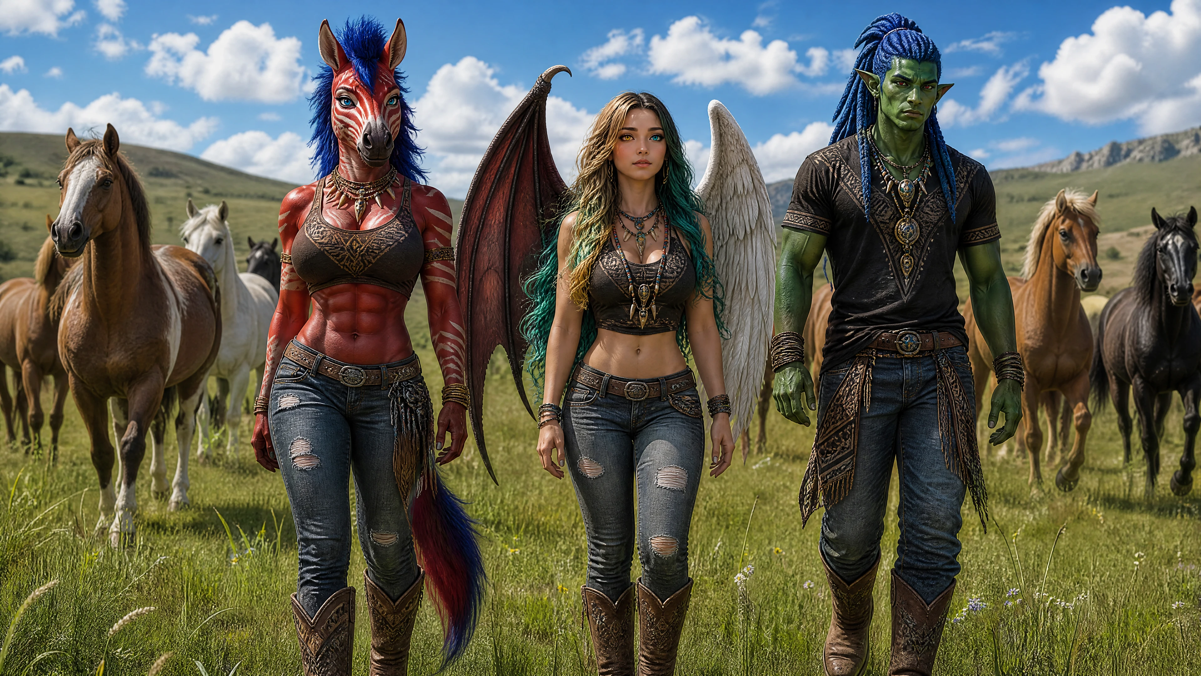 Fantasy trio walking with horses across open grassland