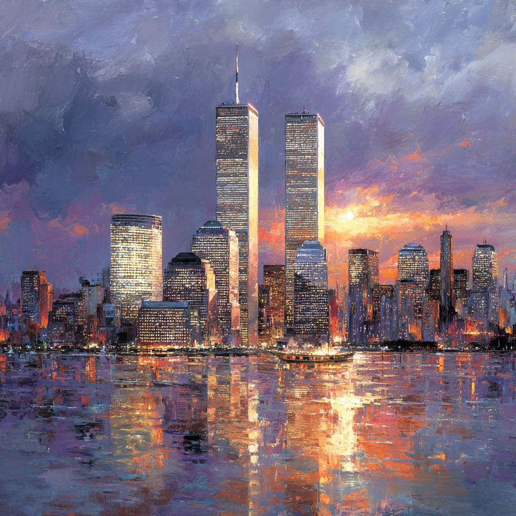 Manhattan skyline at sunset with the twin towers