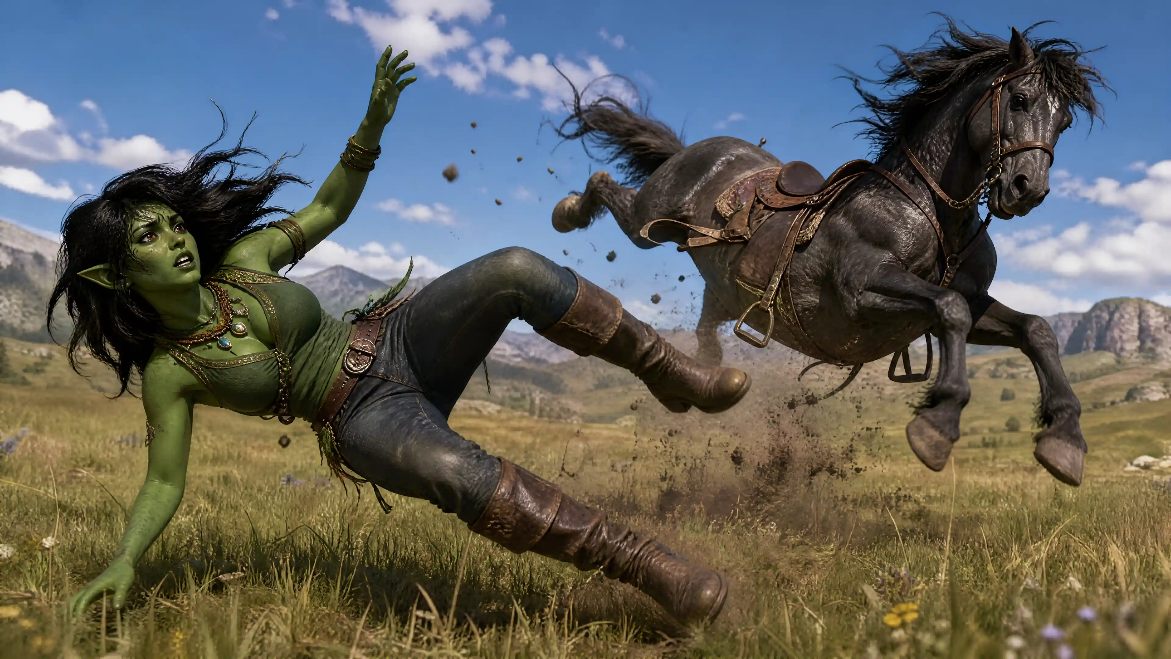 Green female troll falling from wild horse in grassland