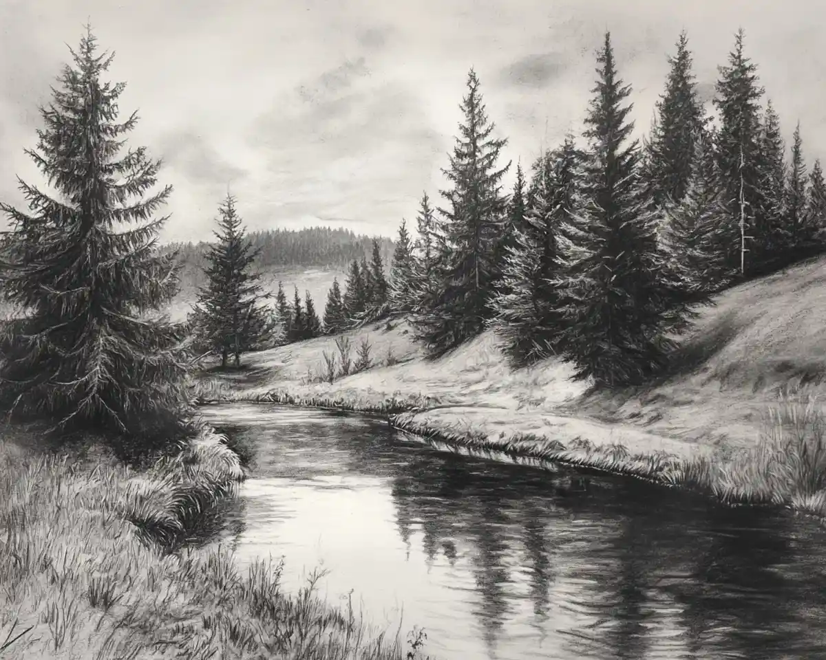 Paysage serein au fusain de collines, forêt et ruisseau paisible