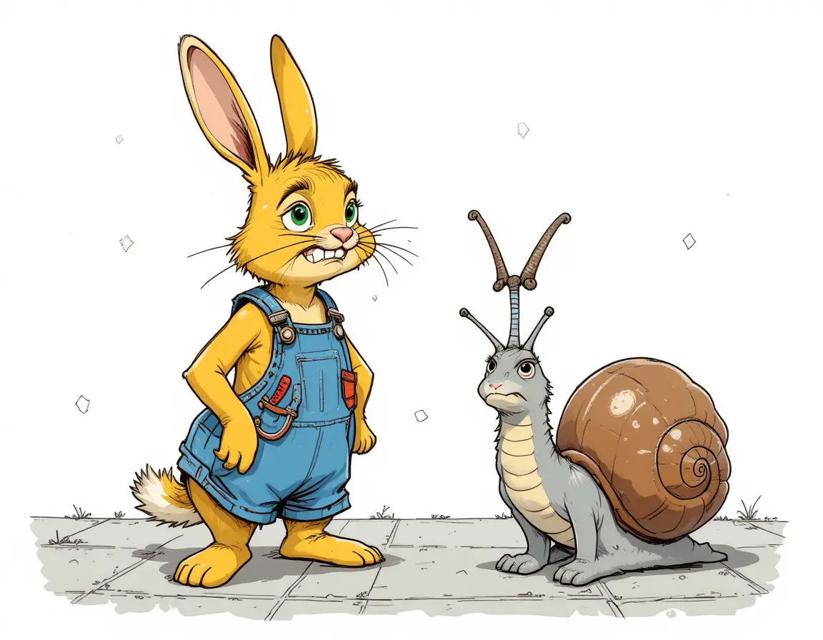 Yellow rabbit and grumpy snail in cartoon book style