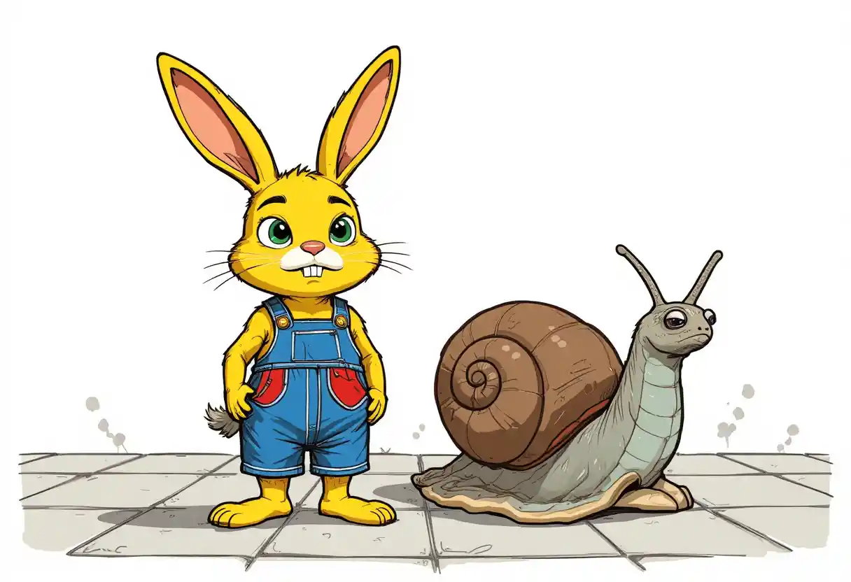 Gelbes Kaninchen und grummelnde Schnecke in einer einfachen Cartoon-Szene