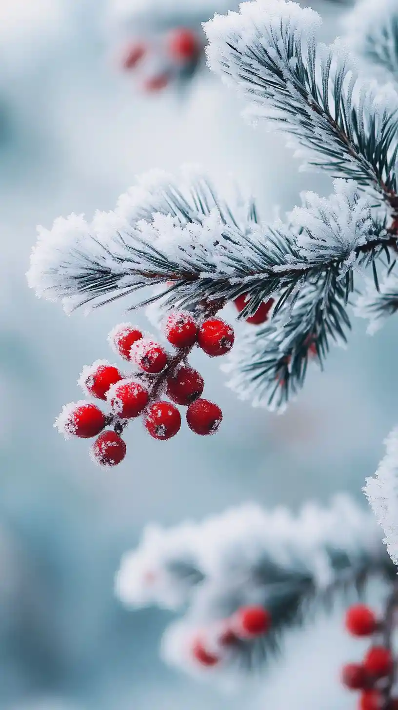 Macro pine branch with frosted needles and red berries