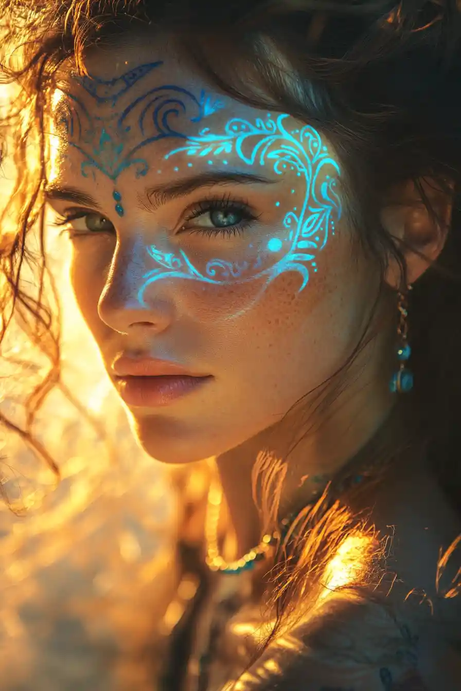 Ethereal woman with blue markings in warm ancient light