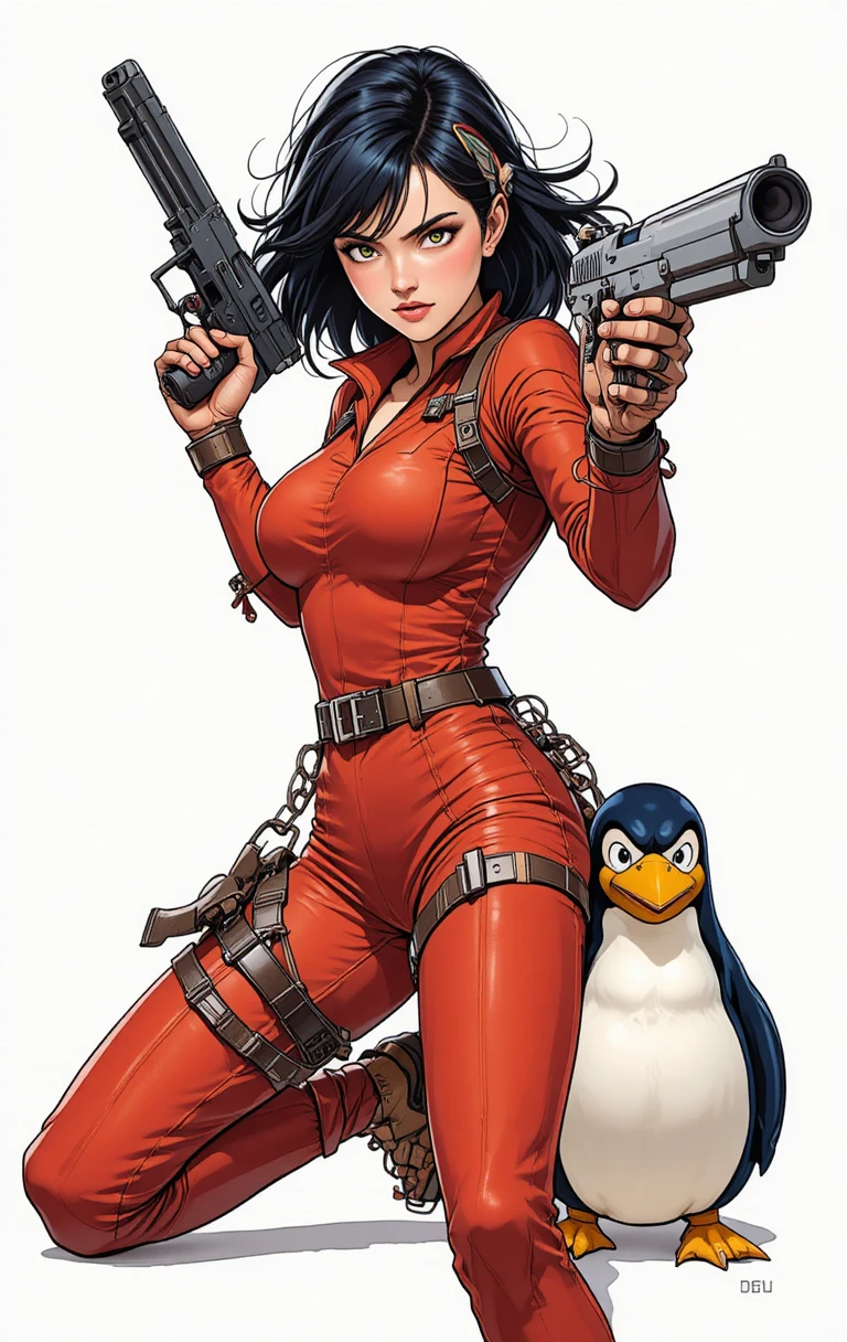 Anime woman with gun and penguin partner in action pose