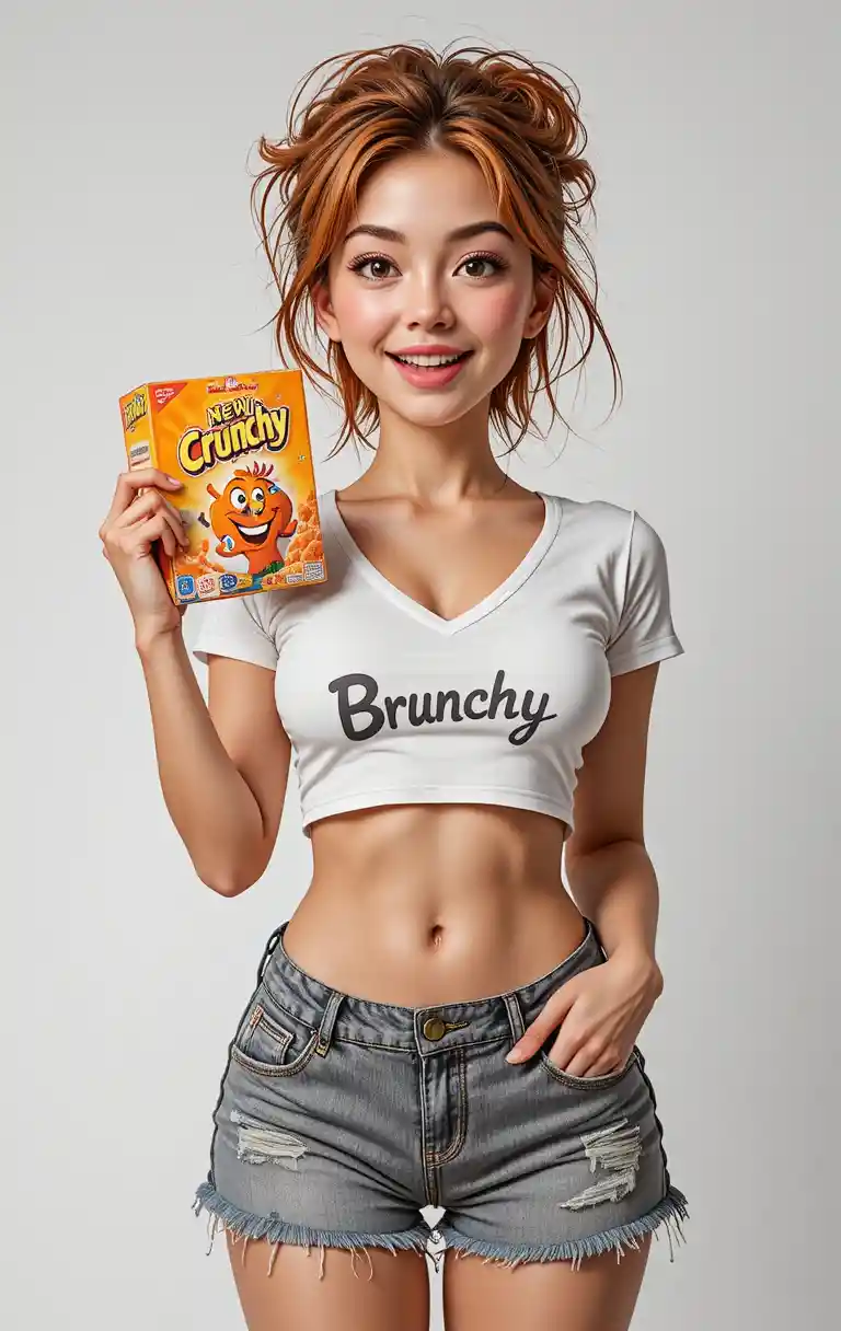 Chica juguetona presentando cereal crujiente en estilo manga
