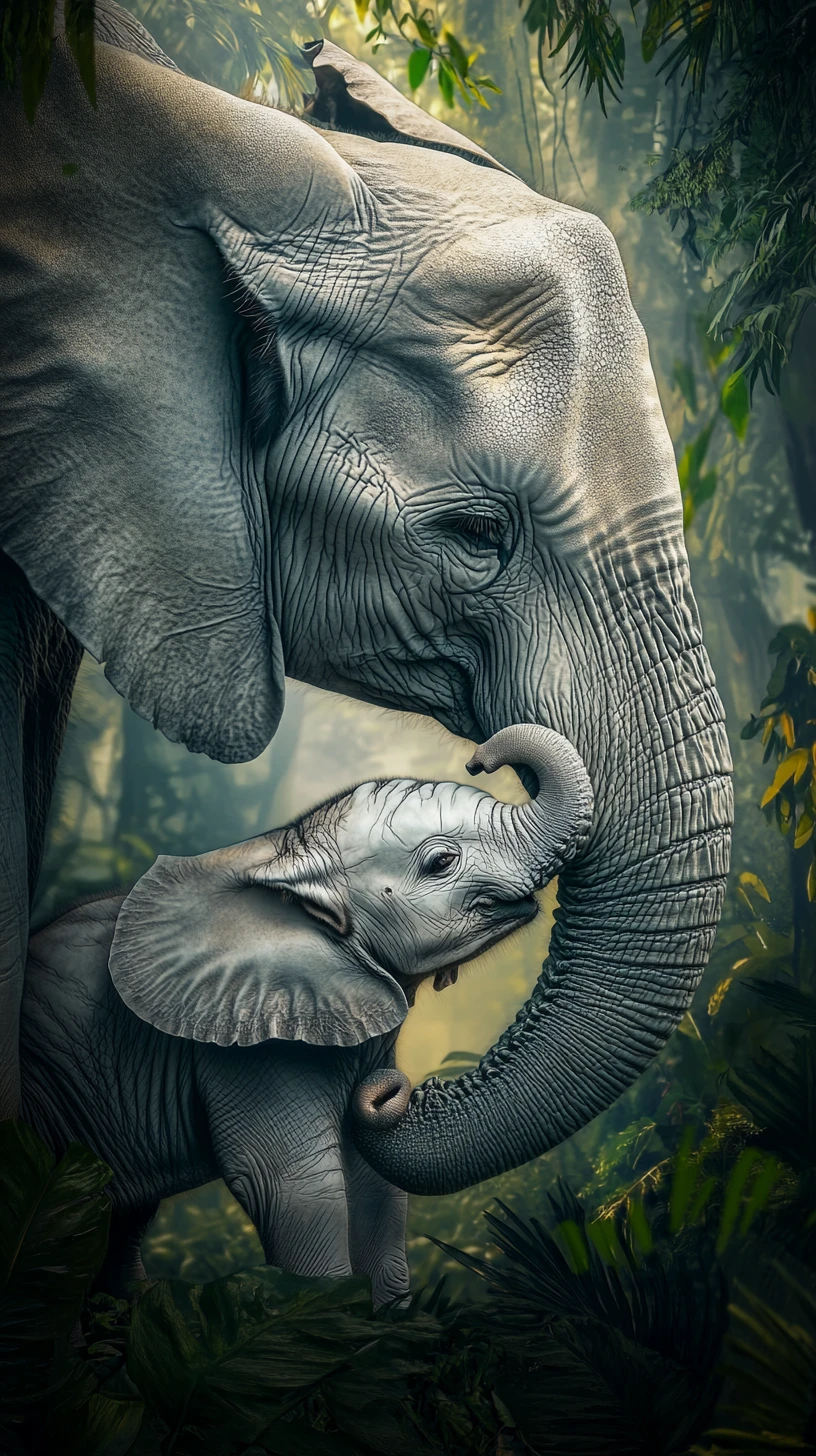 Elefanta-mãe acolhendo seu filhote em uma selva exuberante